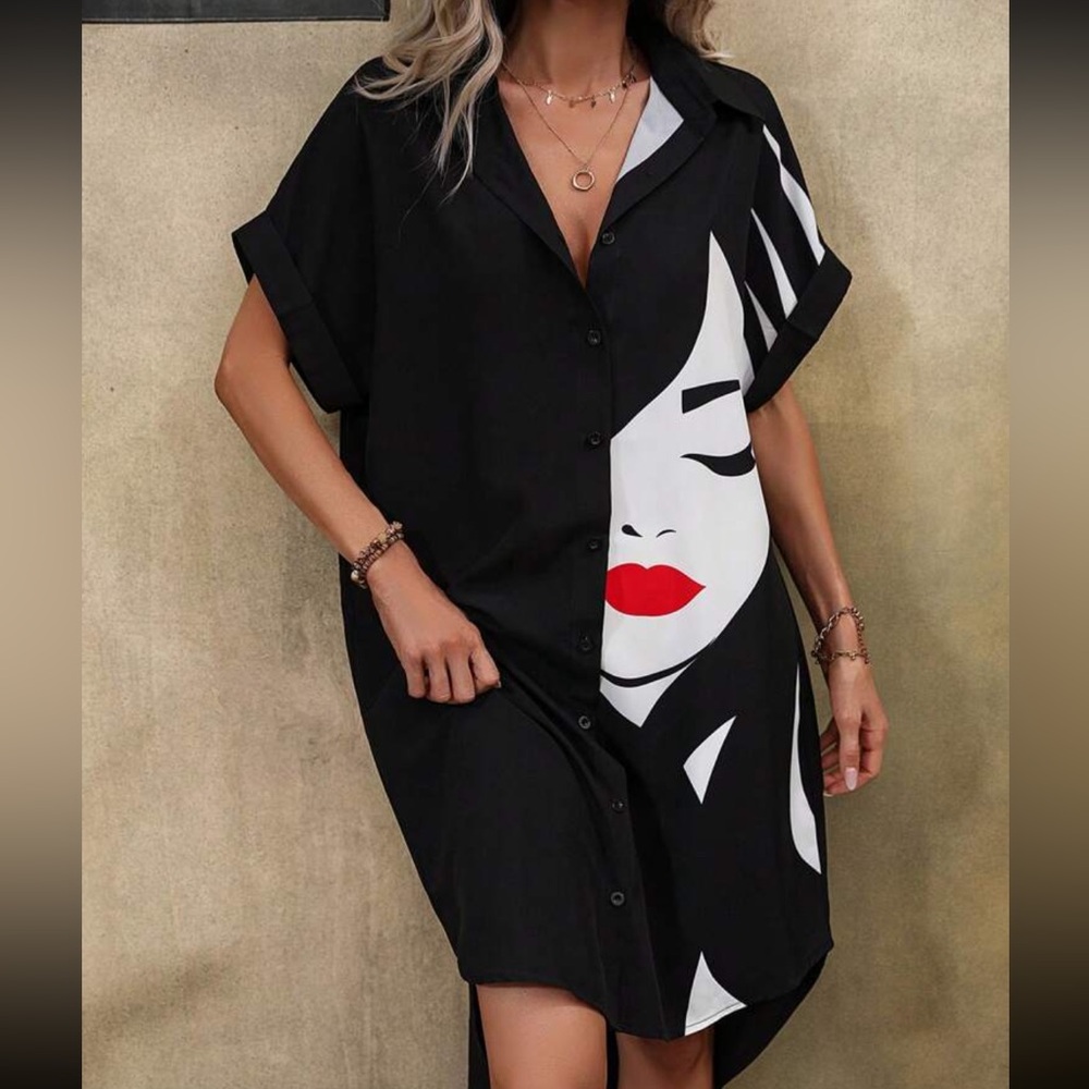 New SHEIN LUNE Figure Graphic Batwing Sleeve Shirt Dress - Picture 6 of 14